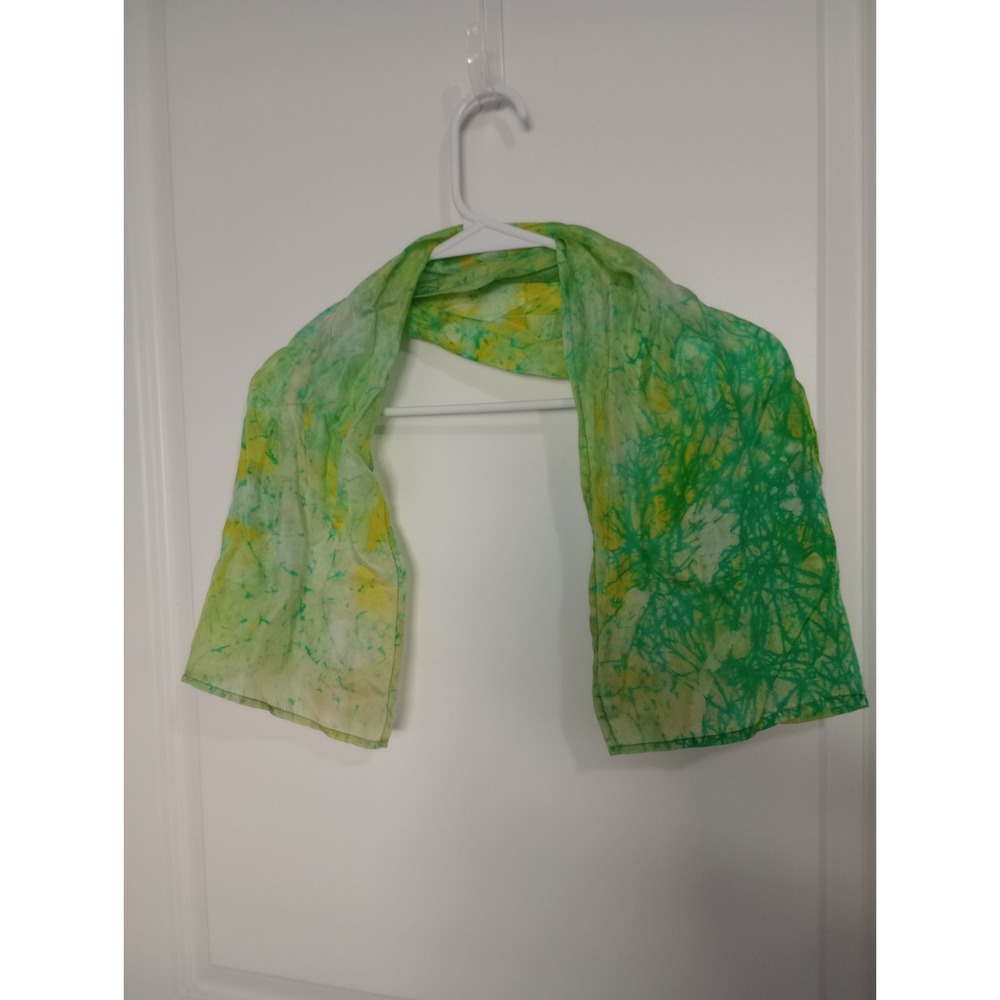 Green & Yellow Silk Chiffon Scarf 11 x 35 Sheer Abstract Dyed‎ Lightweight...